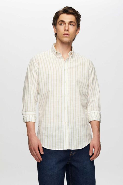 Slim Fit Bej Çizgili Düğmeli Yaka %100 Pamuk Flamlı Yazlık Keten Görünümlü Gömlek