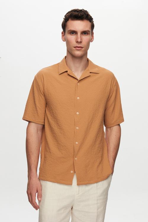 Relaxed Camel Gofre Kısa Kollu Kırışmaz Gömlek