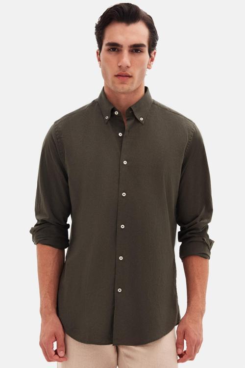 Comfort Haki Düğmeli Yaka Rahat Kesim Keten Görünümlü %100 Pamuk Gömlek