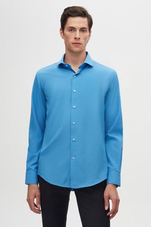 Slim Fit Mavi Klasik Kravatlık Uzun Kol Kolay Ütülenebilir Gömlek