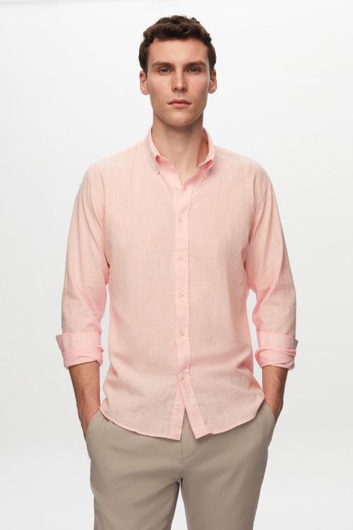 Ds Damat Slim Fit Pembe Düğmeli Yaka %100 Pamuk Yazlık Flamlı Keten Görünümlü Gömlek