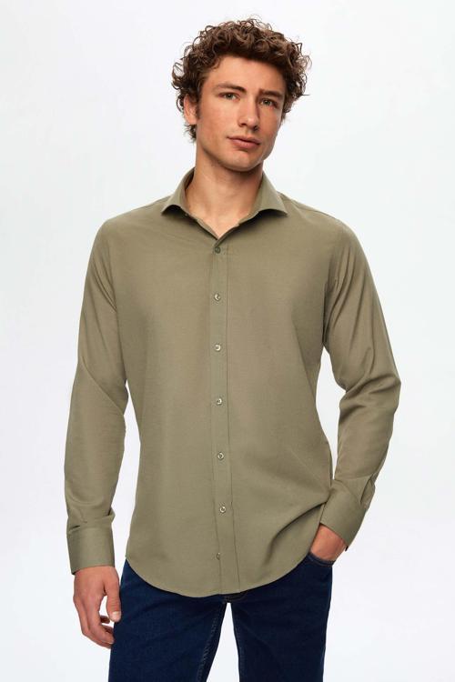Slim Fit Haki Klasik Kravatlık Uzun Kol Kolay Ütülenebilir Gömlek