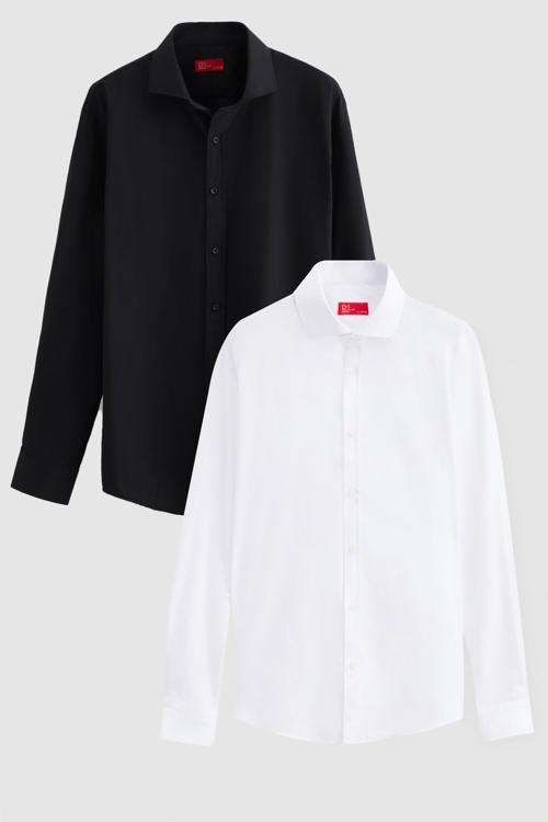 Slim Fit Siyah/Beyaz İtalyan Yaka Kolay Ütülenebilir 2'Li Gömlek
