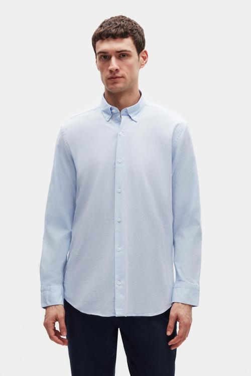 Comfort Mavi Düğmeli Yaka Rahat Kesim Keten Görünümlü %100 Pamuk Gömlek