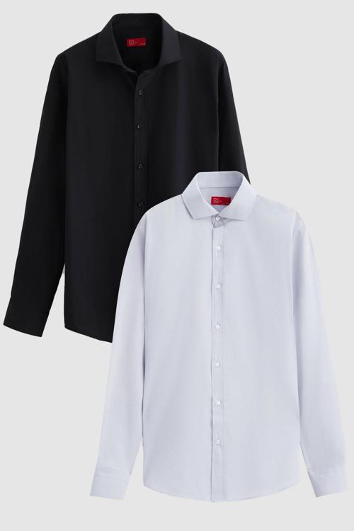 Slim Fit Siyah/Gri İtalyan Yaka Kolay Ütülenebilir 2'Li Gömlek