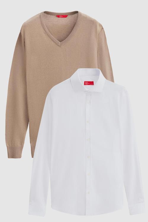 Ds Damat Slim Fit Bej Pamuk Karışımlı 2'Li V Yaka Triko Ve Gömlek