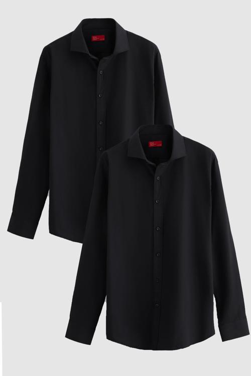Ds Damat Slim Fit Siyah İtalyan Yaka Kolay Ütülenebilir 2'Li Gömlek