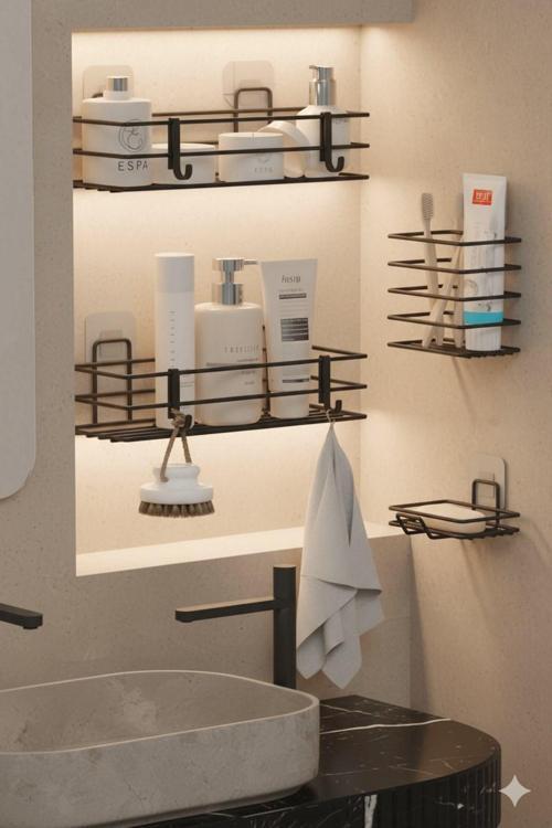 Siyah Yapışkanlı 4’lü Banyo Seti – Duş Rafı, Sabunluk, Diş Fırçalık - Paslanmaz Metal Düzenleyici