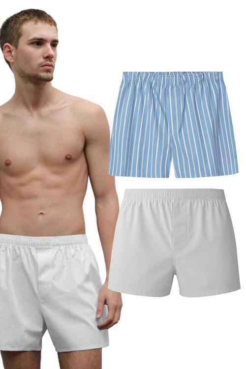 Erkek Pamuklu Poplin Boxer, İkili Paket, Beyaz-Mavi