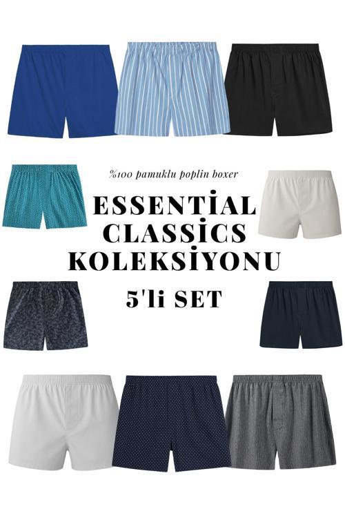Boxer Erkek, 5'li "Essentian Classics Koleksiyonu" % 100 Pamuklu Poplin Kumaş, Koyu Renkler, 5 Adet