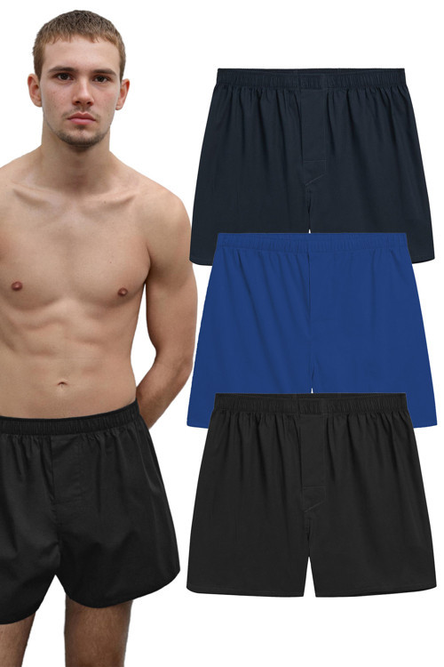 Erkek Pamuklu Poplin Boxer, Üçlü Paket, Siyah-Lacivert-Mavi