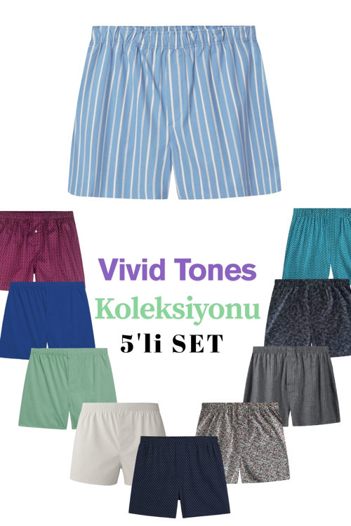 Boxer Erkek, 5'li "Vivid Tones Koleksiyonu" % 100 Pamuklu Poplin Kumaş, Canlı Renkler, 5 Adet