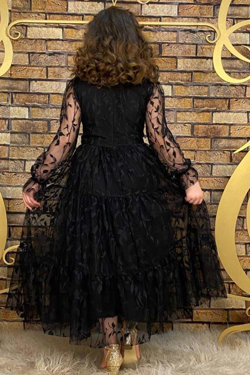 Kız Çocuk Kolları ve Yakası Şeffaf Tüllü ve Yaprak Detaylı Siyah Elbise