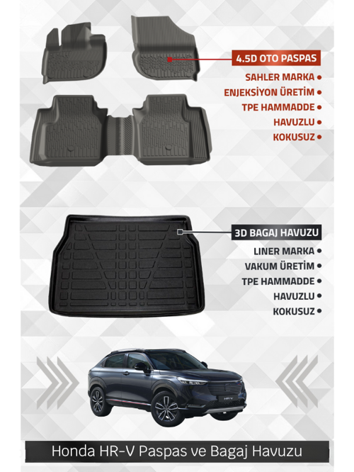 Honda HR-V 2022+ Uyumlu 4.5D Premium Havuzlu Paspas ve Liner Marka 3D Bagaj Havuzu
