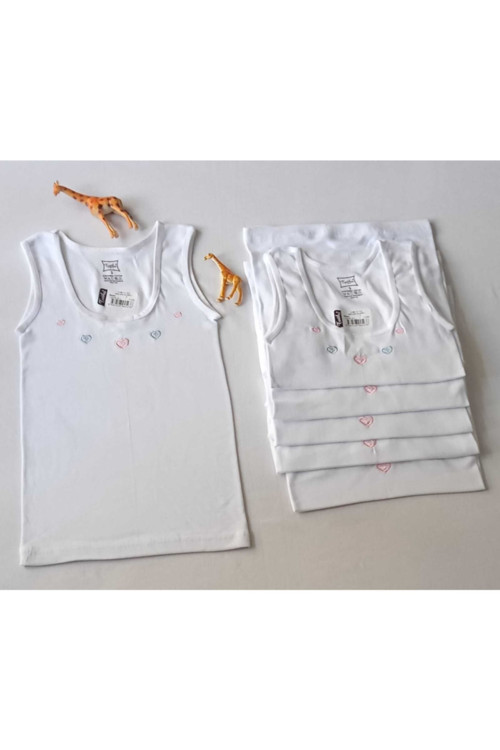 %100 Pamuk Kız Çocuk Geniş Askılı Ribanalı Yumuşak Renkli İşlemeli Beyaz Atlet 6'lı