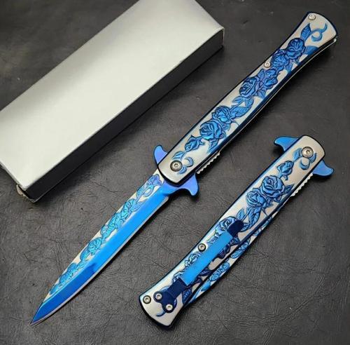 Mavi Gül İşlemeli Kamp Çakısı