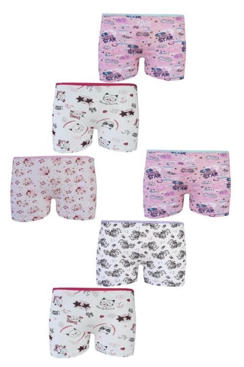 6'lı Baskılı Kız Çocuk Elastan Empirme Boxer Şort TTK0849