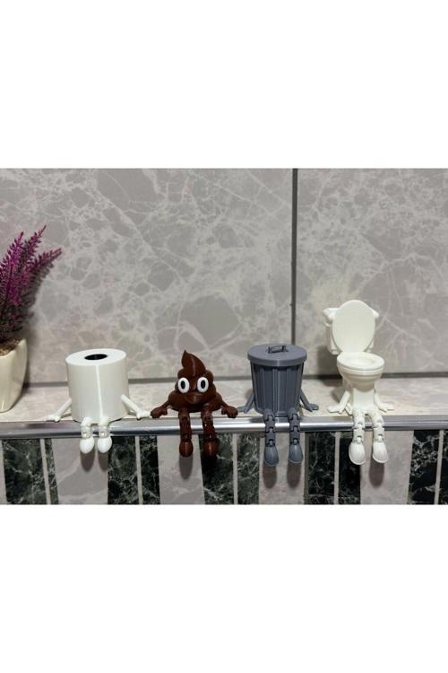 4'lü Eğlenceli Banyo Dekoratif Figür Seti /Tuvalet Kağıdı, Kaka Emojisi, Çöp Kovası, Klozet Aksesua
