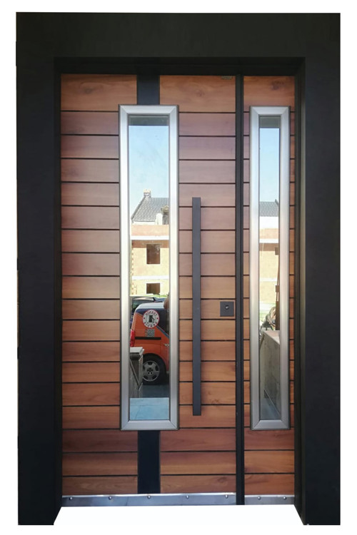 Celik Kapi Villa Kapısı, Siyah Kasalı Saruhan Desen Düz Model Apartman Giriş Kapısı Sol Açılım