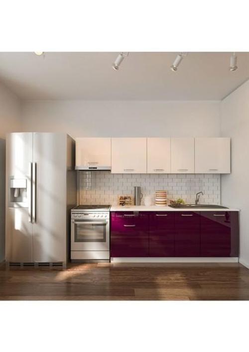 Tdesigno Nisan Hazır Mutfak Dolabı 260 Cm - Parlak Mürdüm Ve Beyaz - Tezgah Dahil