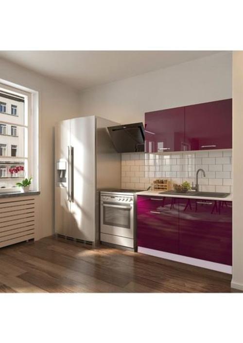 Tdesigno Bade Hazır Mutfak Dolabı 120cm - Tezgah Dahil - Parlak Mürdüm