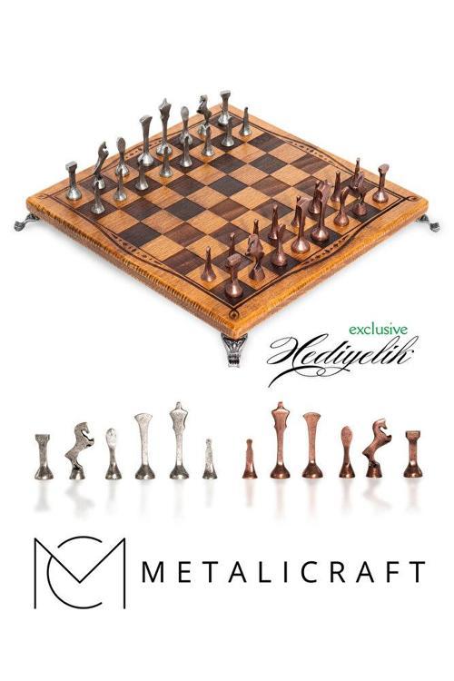 MC55 Metal Satranç Takımı | Gerçek Kayın Ağacı Satranç Tahtası - 30x30cm | Antik Taşlar
