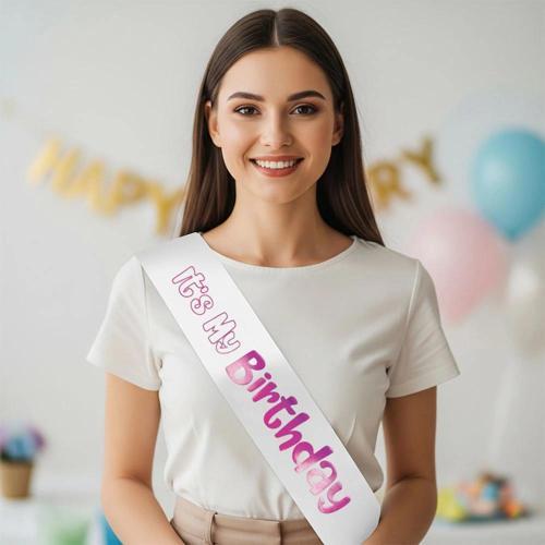 Its My Birthday Baskılı Varaklı Lüks Kuşak -Fuşya-
