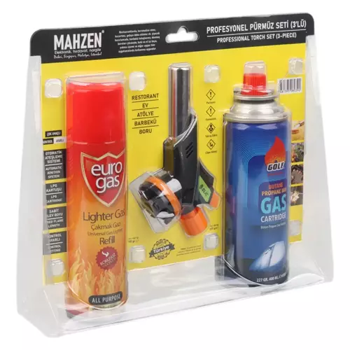 3 Parça Profesyonel Pürmüz Seti Pürmüz Torch Çakmak Başlık- Kamp Gazı 400ml- Çakmak Gazı 270 (5060)