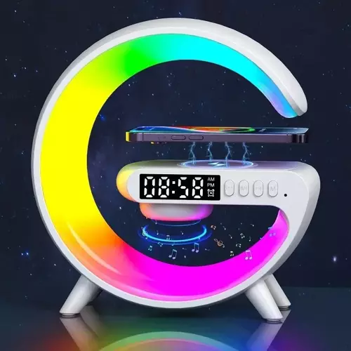 G Lamba Kablosuz Şarj Özellikli Saat &amp; Alarm LED Işıklı Bluetooth Hoparlör Masa Lambası (5060)