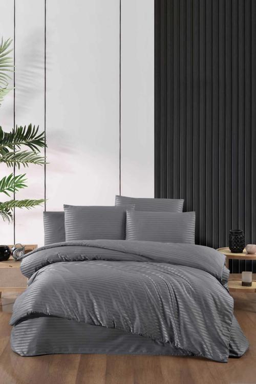 Stripe Saten Line Çift Kişilik Nevresim Takımı Antrasit