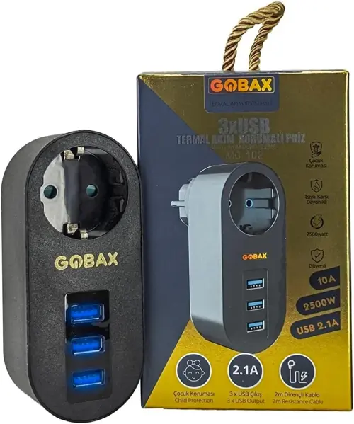 Gobax Termal Akım Korumalı Akıllı Priz 3xusb Li, Çocuk Korumalı, Led Işıklı, Yüksek Isıya Dayanıklı (5060)