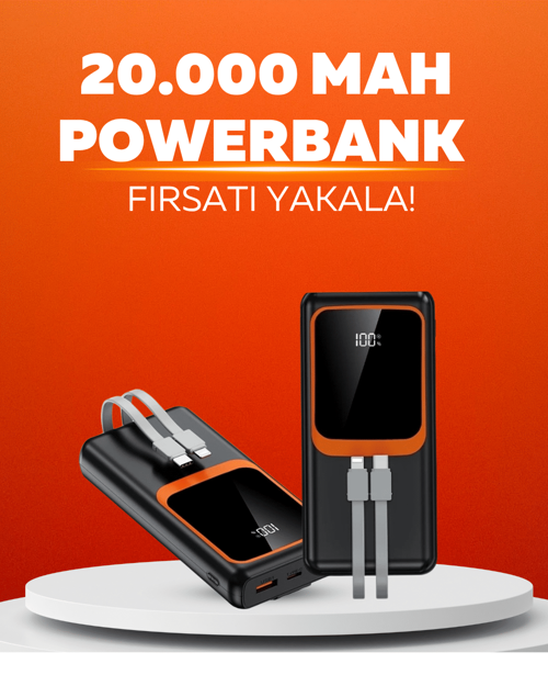 20.000 mAh Powerbank – 22.5W Hızlı Şarj, Çok Kablolu, Dijital Göstergeli