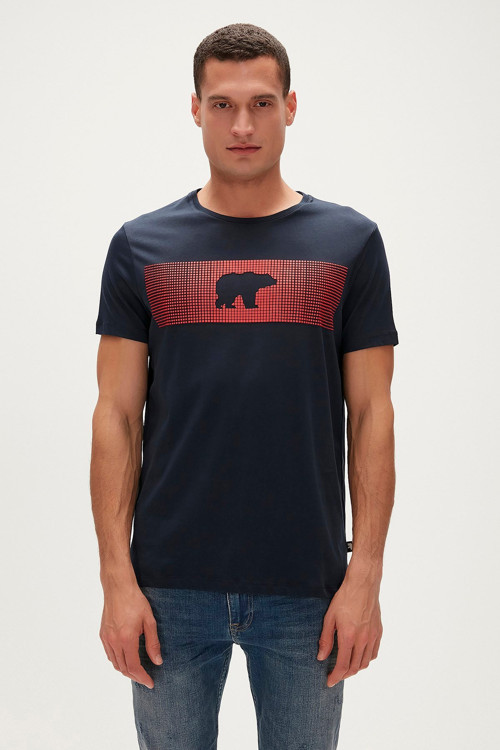 Fancy T-Shirt Lacivert 3D Baskılı Bisiklet Yaka Erkek Tişört