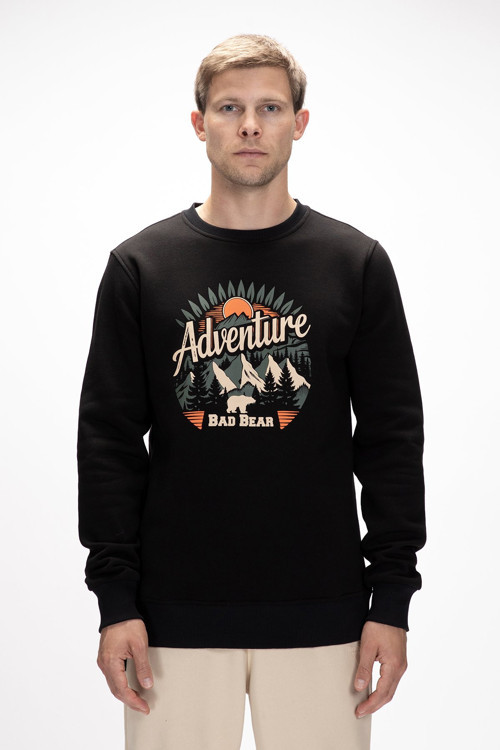 Adventure Si̇yah Crewneck Erkek Baskılı Sweatshirt