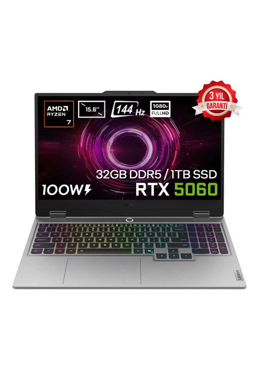 LOQ 15AHP10 Ryzen 7-250 32GB DDR5 1TB SSD RTX5060 8GB 100W 15.6 inç FHD 144Hz IPS FDos Laptop