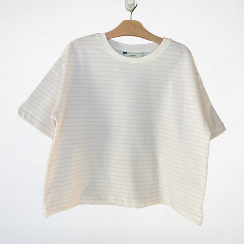 Pudra Çizgili Oversize Crop Tişört