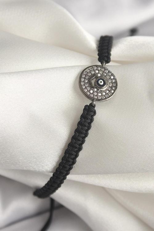 Pirinç Füme Renk Zirkon Taşlı Nazar Boncuk İşleme Makrome Asansörlü Model Kadın Bileklik