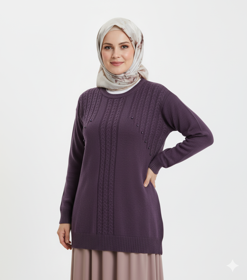 Kadın Kışlık Triko Kazak Bisiklet Yaka Boncuk Detaylı Motifli Rahat Tam Kalıp