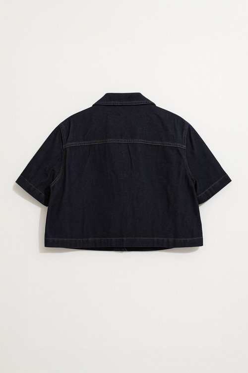 Kadın Regular Fit Cepli Lacivert Crop Jean Gömlek