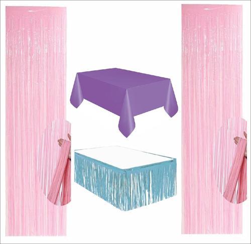 Mor Masa Örtüsü, Mavi Masa Eteği, 2 Pembe Arka Fon 