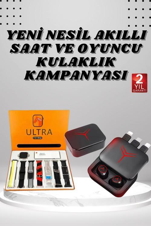 Dijital Göstergeli Powerbank Kablosuz Kulaklık ve 7 Kordonlu Yeni Nesil Akıllı Saat Dokunmatik Kontr
