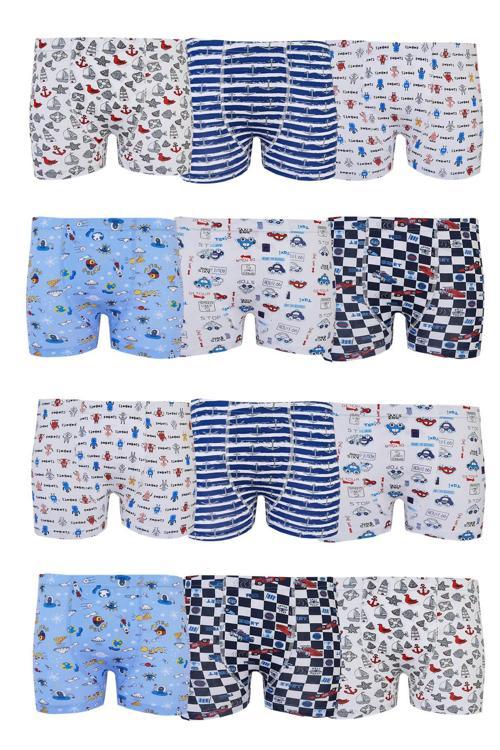 12li Erkek Çocuk Renkli Boxer Desenli Baskılı Pamuklu Rahat