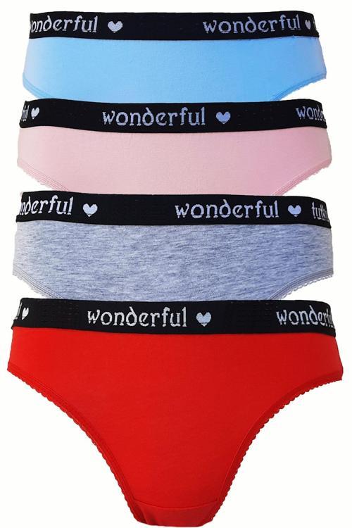 4lü Kadın Yazılı Pamuklu Bikini Külot Renkli Spor İç Çamaşırı