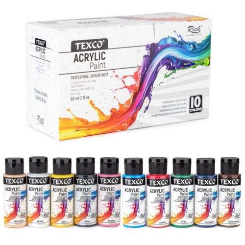 Texco 10x60ml Akrilik Boya Seti Canlı Renkler / 19911