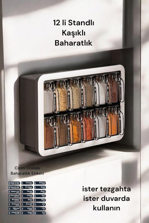 Random Standlı 12 Li Kendinden Yapışkanlı Kaşıklı Kapaklı Baharatlık Takımı-Etiketli Baharatlık-