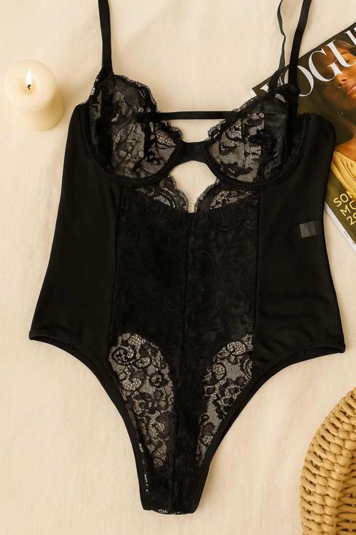 Siyah Dantel Detaylı Transparan Destekli Body Büstiyer