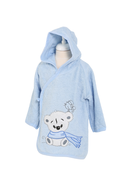 %100 Pamuk Kapüşonlu Bebek Çocuk Bornoz Havlu Mavi
