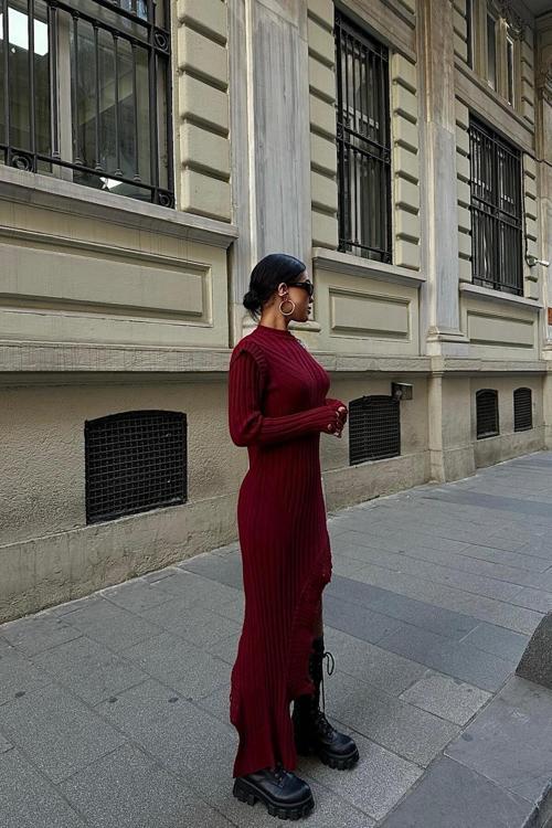 Asimetrik Detaylı Fitilli Triko Elbise -BORDO 19-9749