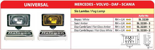 Mercedes-Volvo-Man-Scanıa Sis Lambası Beyaz Halojen (Düz Camlı) AYF.SL2220-2