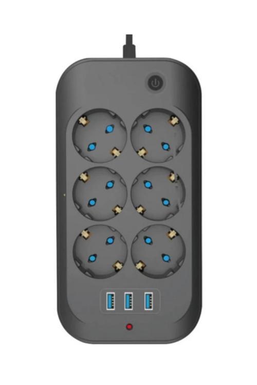 Termal Akım Korumalı, Çocuk Korumalı, 6’lı 2 Mt Uzatma Kablosu 6 X Priz, 3 X Usb